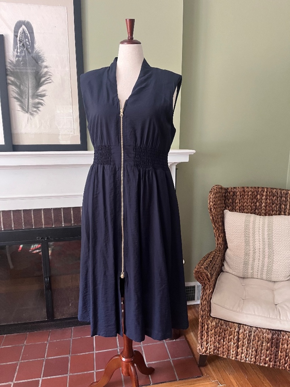 Nine West Adaptive Navy Zip-Front Midi Dress | Gold Zip | Pockets | XL